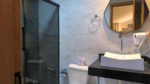 布希奥斯Pousada Gente Bonita Mirante的一间带水槽、镜子和卫生间的浴室
