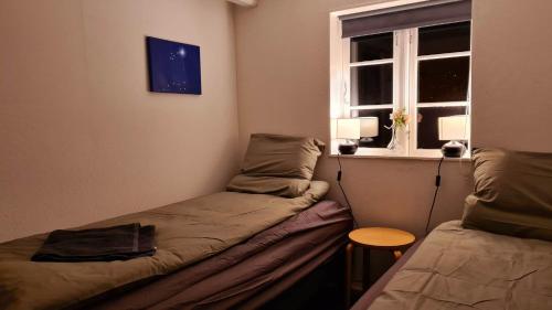 斯文堡Sydfynsk idyl tæt på det hele.的客房设有两张床和窗户。