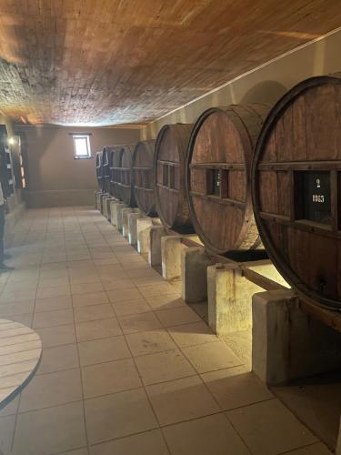 维库尼亚Glamping Miraflores的酒窖里的一排酒桶
