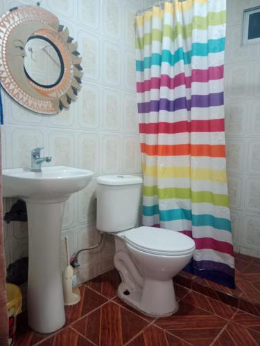 卡拉马Habitación sol naciente peuco的浴室配有水槽、卫生间和浴帘