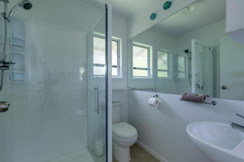 拉罗汤加Ann's Island Beach Studio的白色的浴室设有卫生间和水槽。