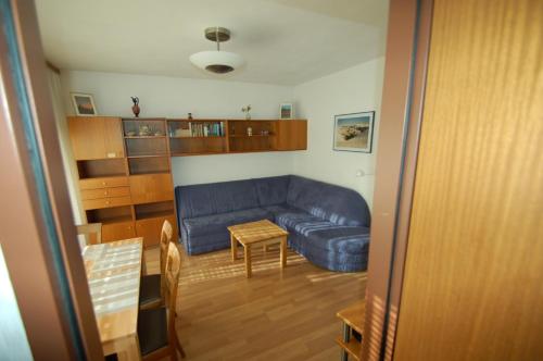 萨尔巴赫Familienappartement Talblick include Jokercard - only summer的客厅配有蓝色的沙发和桌子