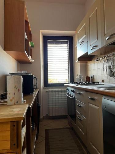 奥列纳Sardegna: mare e montagna IUN R0346的厨房配有白色橱柜和窗户。
