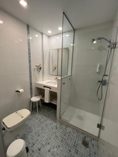 甘迪亚信天翁酒店的带淋浴、卫生间和盥洗盆的浴室