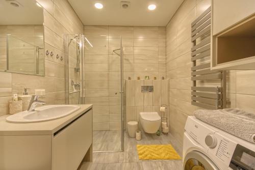 德鲁斯基宁凯SOLEMI的一间带水槽和洗衣机的浴室