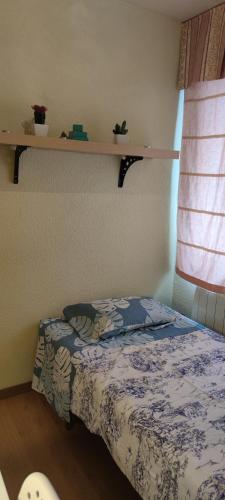 马德里Habitacion individual en apartamento céntrico的卧室配有一张床,墙上设有架子