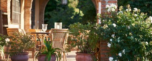 特鲁希略Lagar La Pizarra Casa Rural的天井上配有桌椅和盆栽植物