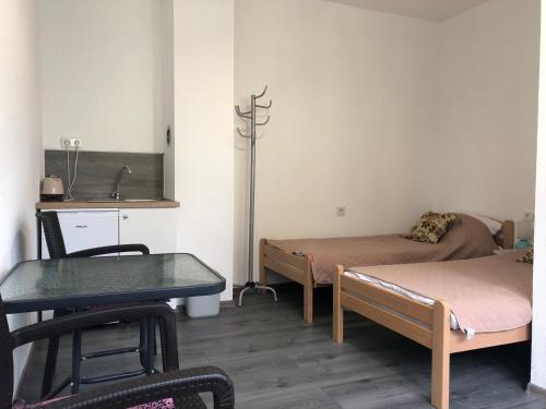 萨拉热窝Miki的客房设有两张床、一张桌子和一个水槽