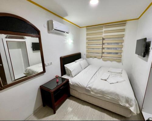安塔利亚TAG Pansiyon的一间小卧室,配有一张床和镜子