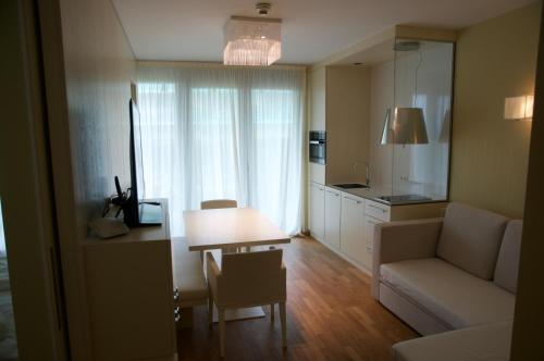 佩特坎内Nikola Luxury Apartments Senia的带沙发和桌子的客厅以及厨房。
