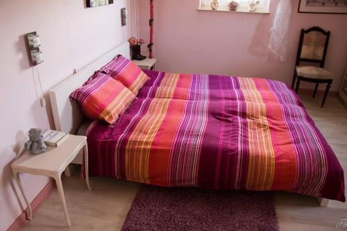 普罗丰德维耶La maison d'Huguette的一间卧室配有一张大床和色彩缤纷的毯子