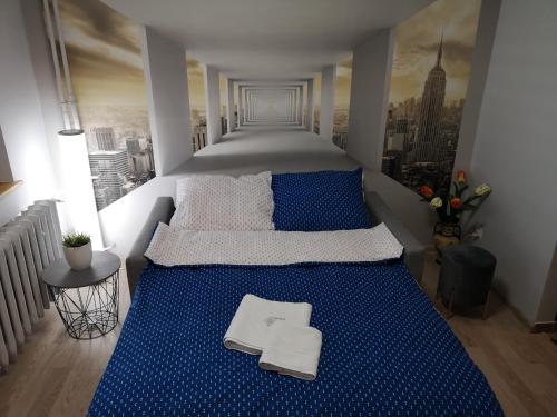 克罗斯诺Apartament przy dworcu的一间卧室配有一张带蓝色床单的大床