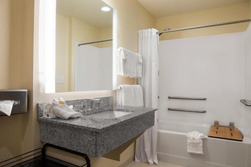 CaldwellDays Inn & Suites by Wyndham Caldwell的一间带花岗岩水槽和淋浴的浴室