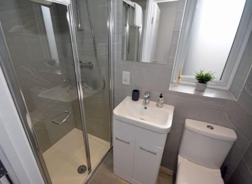 沃特福德Walton Suites的带淋浴、卫生间和盥洗盆的浴室