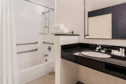 休斯顿休斯顿威斯切斯费尔菲尔德套房客栈的一间带水槽、淋浴和镜子的浴室