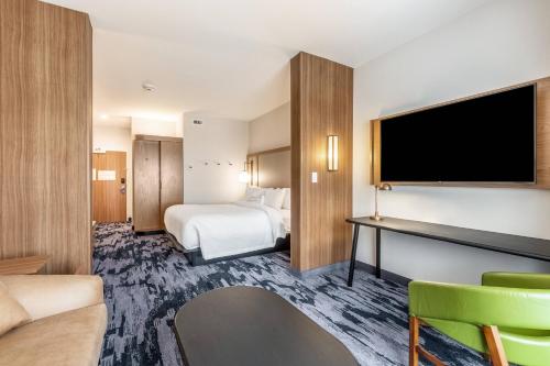 CoppellFairfield Inn & Suites by Marriott Dallas DFW Airport North Coppell Grapevine的配有一张床和一台平面电视的酒店客房