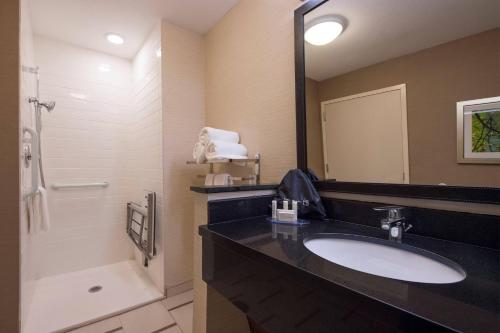 林奇堡万豪林奇堡自由大学费尔菲尔德客栈套房酒店的一间带水槽、淋浴和镜子的浴室