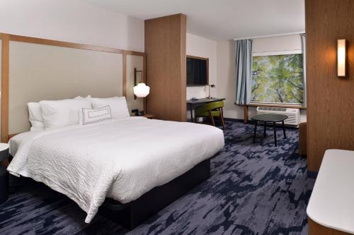 坎顿Fairfield Inn & Suites by Marriott Canton的酒店客房设有一张大床和一张书桌。