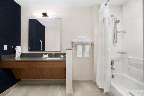 代托纳海滩Fairfield Inn & Suites by Marriott Daytona Beach Speedway/Airport的浴室配有盥洗盆、镜子和浴缸
