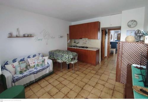 圣特奥多罗Casa Flamingo House的厨房以及带沙发和桌子的客厅。