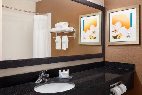 诺曼万豪诺曼费尔菲尔德套房酒店的一间带水槽和镜子的浴室