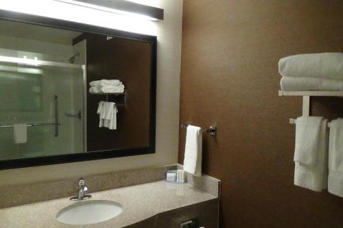 比福德万豪亚特兰大布福德/佐治亚购物中心费尔菲尔德套房酒店的浴室配有盥洗盆、镜子和毛巾