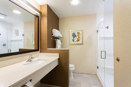 劳德代尔堡Fairfield Inn & Suites By Marriott Fort Lauderdale Downtown/Las Olas的一间带水槽、卫生间和镜子的浴室
