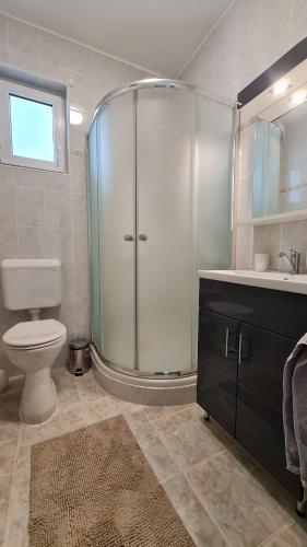 莫哈奇RI-JÓ apartman的带淋浴、卫生间和盥洗盆的浴室