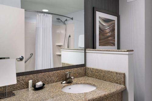 南波特兰万豪波特兰机场万怡酒店的一间带水槽和淋浴的浴室