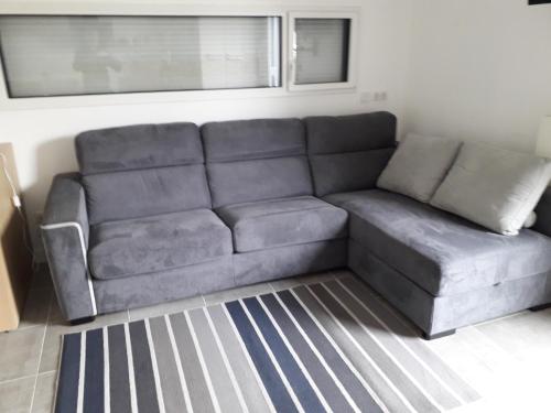 拉尔莫普拉格2 pièces avec accès piscine intérieure的客厅里一张灰色的沙发