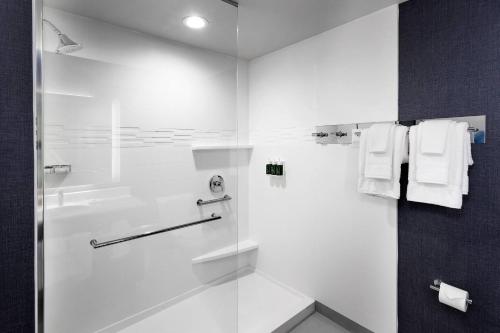 布鲁克菲尔德Residence Inn by Marriott Milwaukee Brookfield的带淋浴的浴室和玻璃门