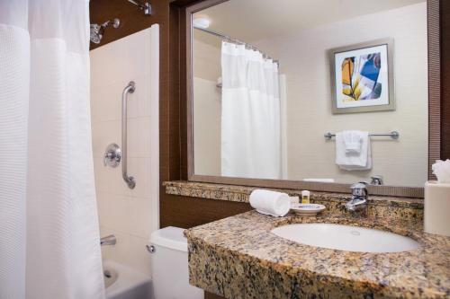 萨克拉门托萨克拉门托加州博览会费尔菲尔德客栈的一间带水槽、卫生间和镜子的浴室