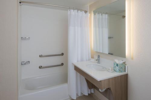 新奥尔良SpringHill Suites by Marriott New Orleans Warehouse Arts District的浴室配有盥洗盆和带镜子的淋浴