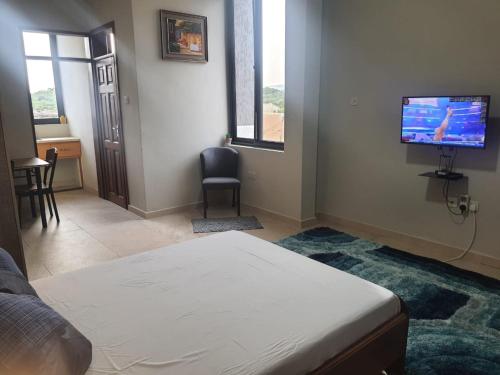 OyibiSpacious Holiday Let Wi-Fi & Private Amenities Oyibi的一间卧室配有一张床和一台平面电视