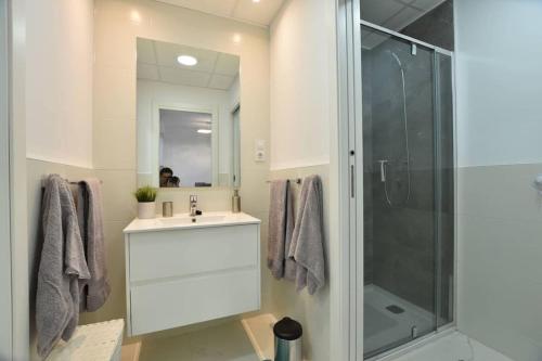 圣胡安德洛斯特雷罗斯Apartamento Perdiz. Perfecto.的一间带水槽和玻璃淋浴的浴室