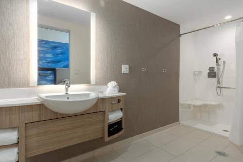 布雷登顿SpringHill Suites by Marriott Bradenton Downtown/Riverfront的一间带水槽和淋浴的浴室