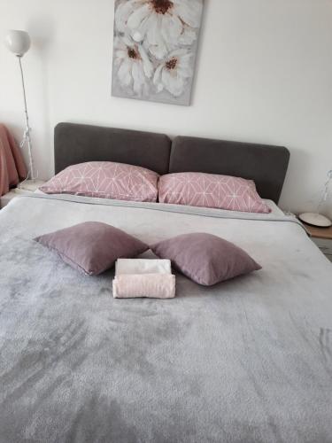 瓦拉日丁托普利采Smještaj Bahat的一张带两个粉红色枕头的床