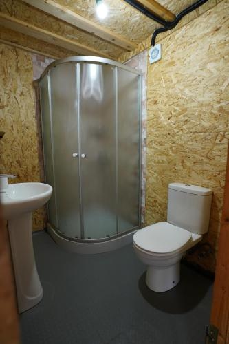 K'edaAjara Glamping Kokotauri的带淋浴、卫生间和盥洗盆的浴室