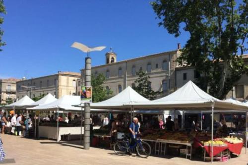 蒙彼利埃Artistic Loft, Downtown Montpellier, WIFI的骑着自行车穿过帐篷的市场的人