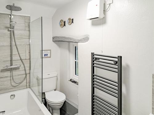 Crackington HavenAppleloft的白色的浴室设有卫生间和淋浴。