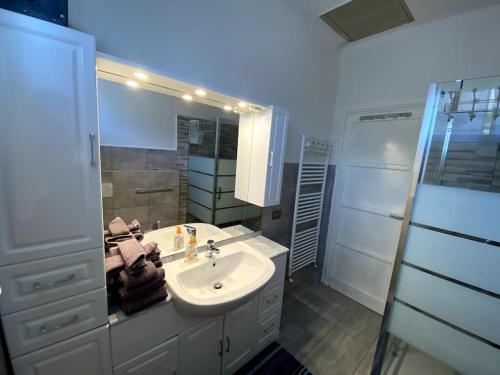 波尔托瓦尔特拉瓦利亚Casa vacanze Porto Valtravaglia Lago Maggiore的一间带水槽、镜子和淋浴的浴室