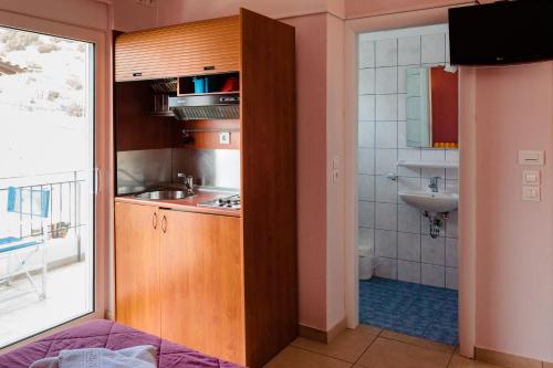 维瓦里Hotel Apanema的一个带水槽的小厨房和一间浴室