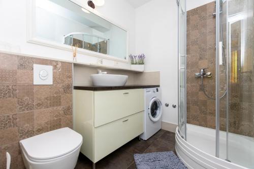 奥米什Apartments Villa White House的浴室配有卫生间、盥洗盆和洗衣机。