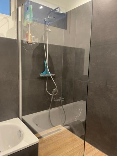 科布伦茨Ferienwohnung mit Whrpool的带淋浴、浴缸和盥洗盆的浴室