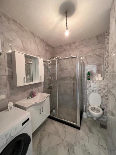 普里什蒂纳Cosy Apartment with a Great View的带淋浴、卫生间和盥洗盆的浴室