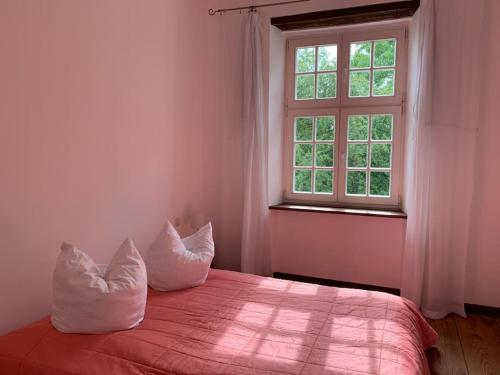 DeyelsdorfGästewohnung im Gutshaus的卧室配有带枕头的床铺和窗户。