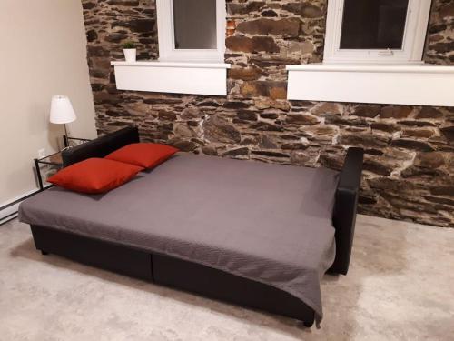 哈利法克斯Bauer Terrace - Cozy 1 bedroom beside The Citadel的一张带两个红色枕头的床