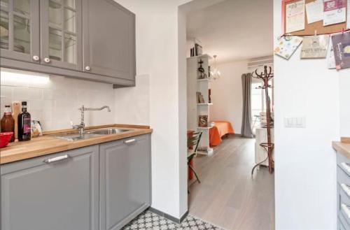 罗马L'Attichetto di Ponte Milvio的厨房配有灰色橱柜和水槽