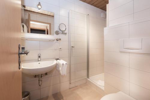 奥伯斯特多夫Landgasthof Augustiner的白色的浴室设有水槽和淋浴。