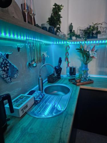特雷比涅Kathisma Trebinje的浴室柜台设有水槽和蓝色灯光